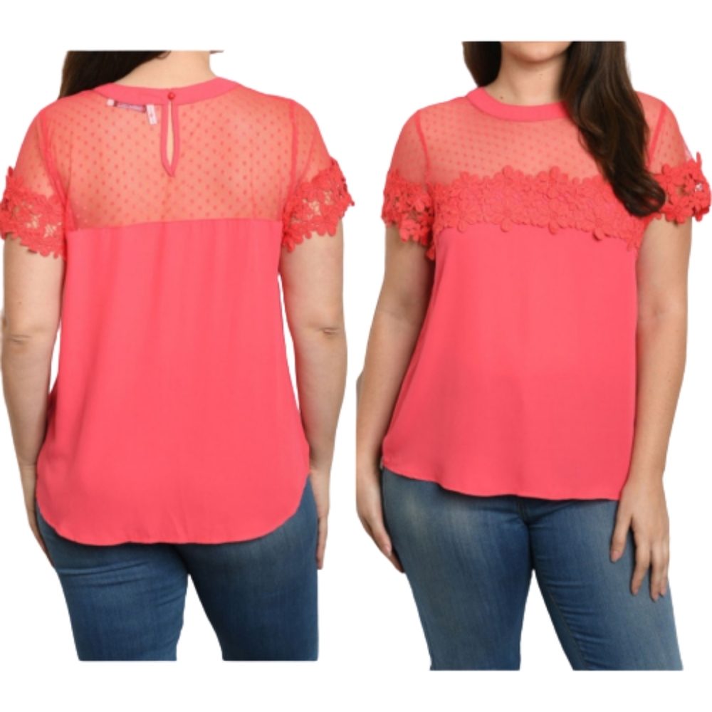 Angela Plus Coral Red Blouse Illusion Neckline Lace Polka-Dots NWT